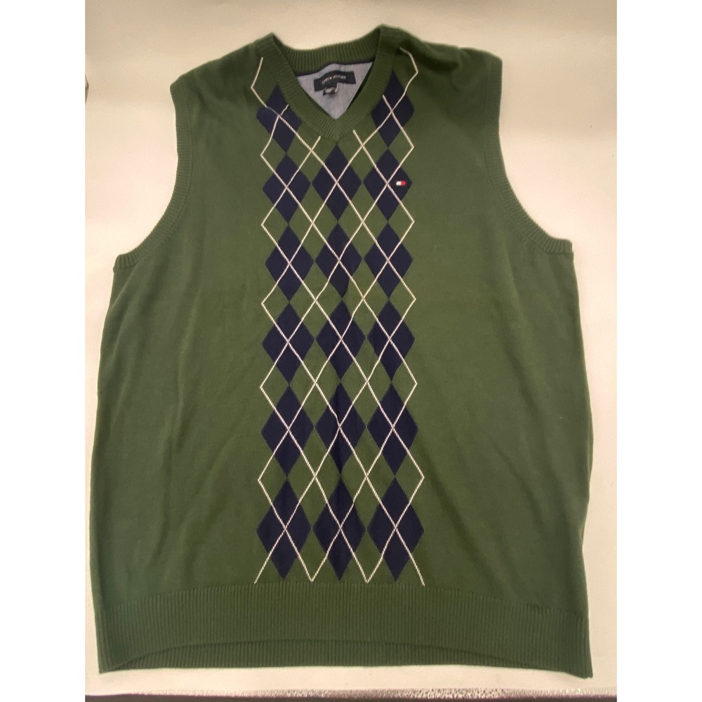 Tommy Hilfiger Mens XL Green Argyle V-Neck Cotton Sweater Vest C887819372